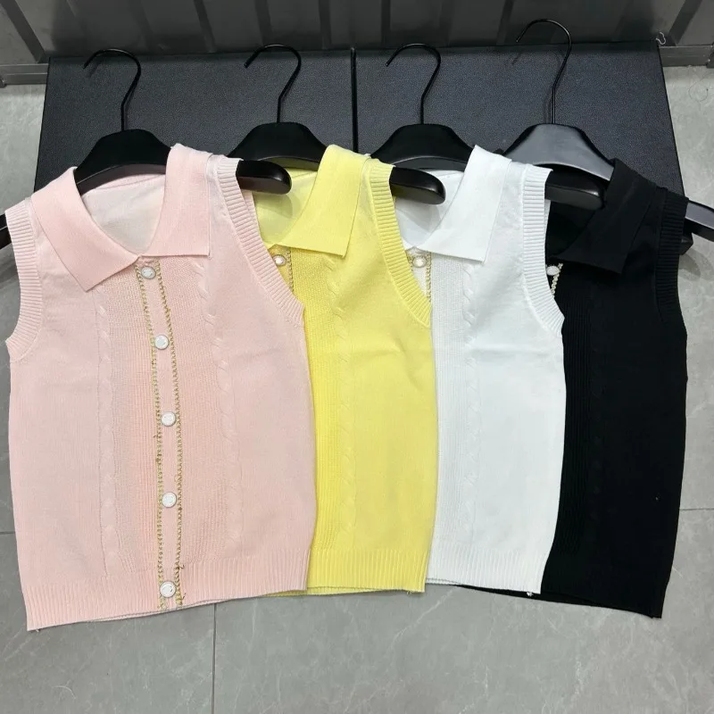 

2025 Summer New Lapel Pullover Knitted Sweater Vest Women T-shirts Slimming Versatile Single Breasted Ladies Knitwear Tops Y2k
