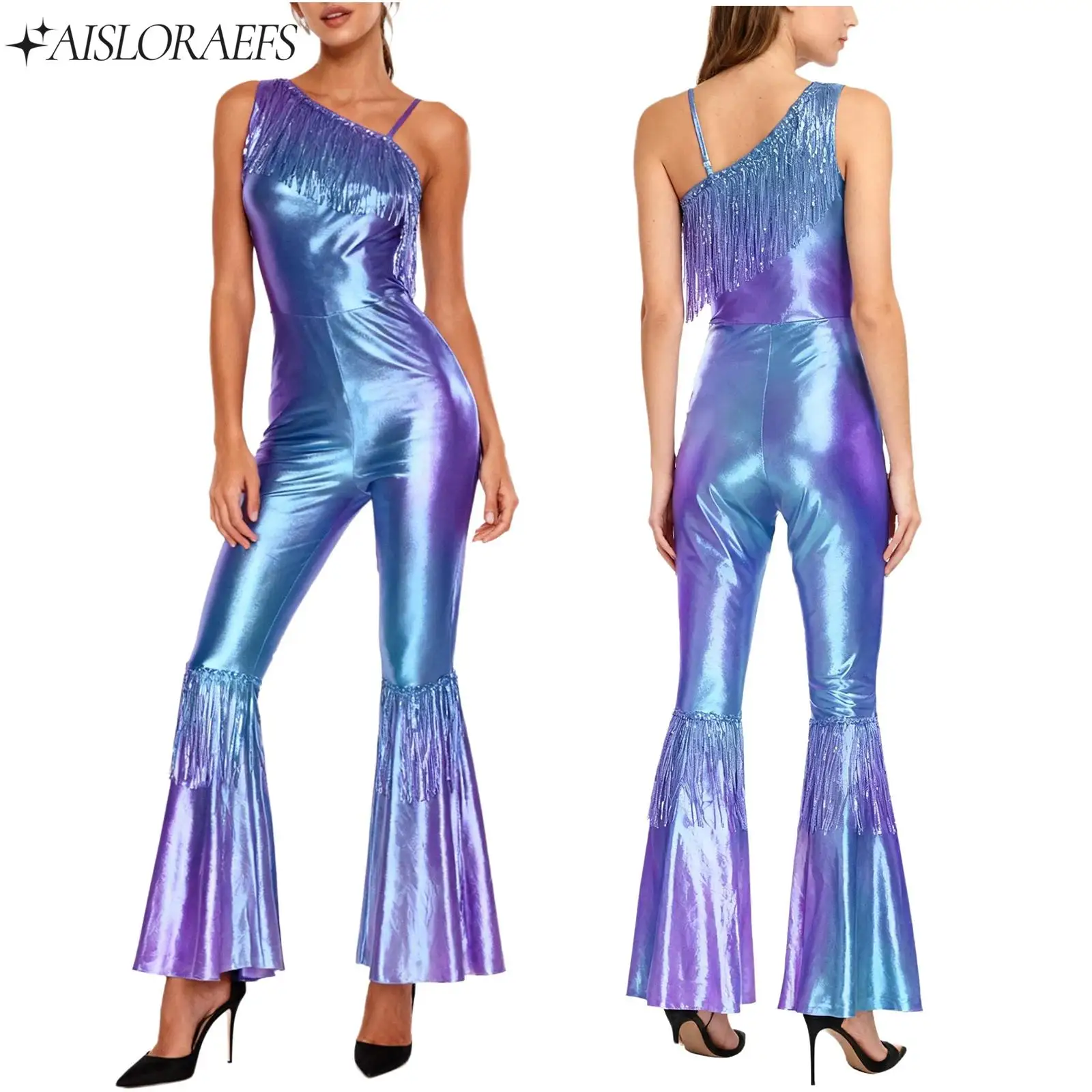 

Womens Vintage 70s Disco Dance Jumpsuit Tassel One Shoulder Long Pants Metallic Shiny Rompers for Latin Prom Dance Performance