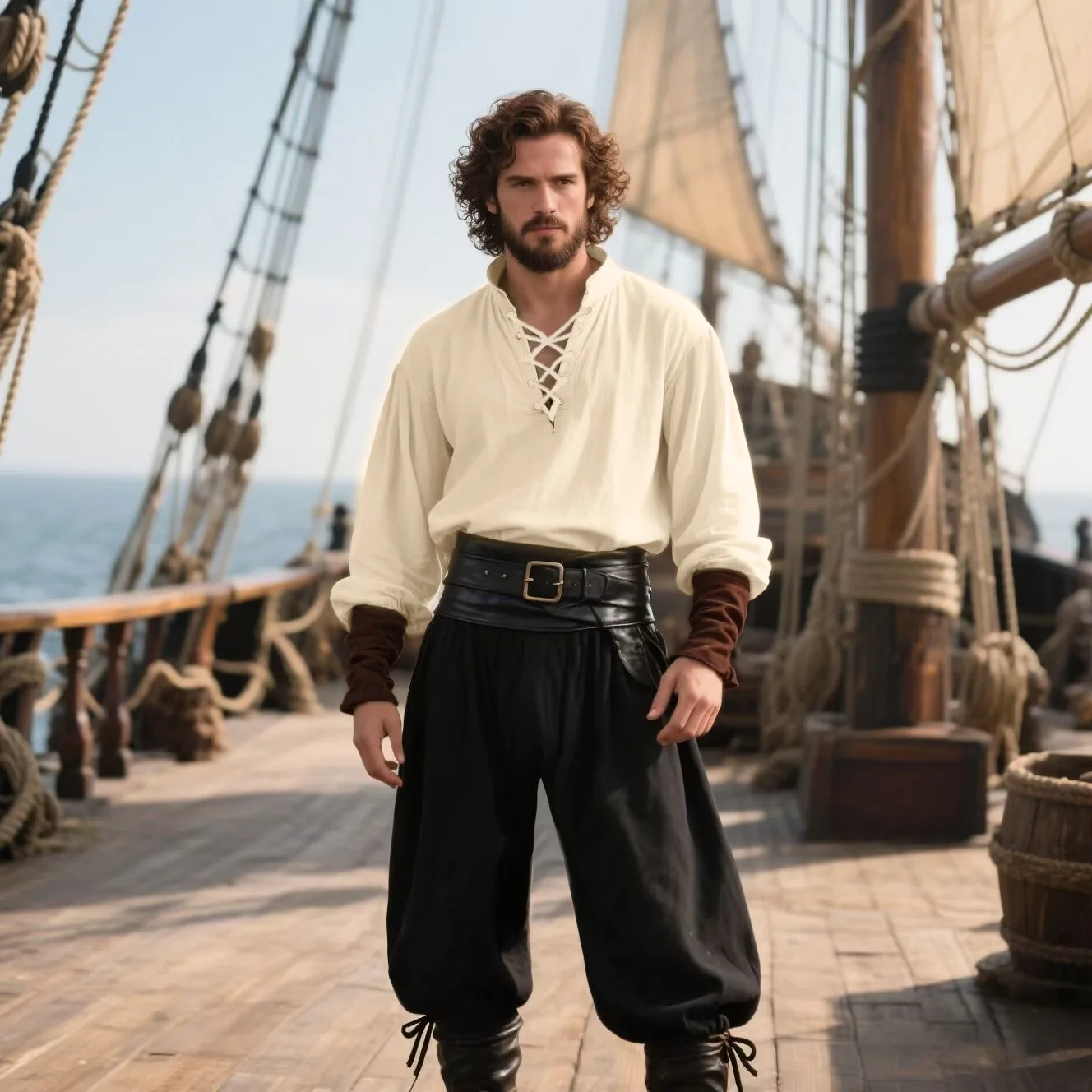 Mittelalterliches Piratenkostüm für Herren, Renaissance LARP Hemd mit Gürtel, Retro Gothic Schnür-Oberteil & Hosen-Set für Halloween Cosplay