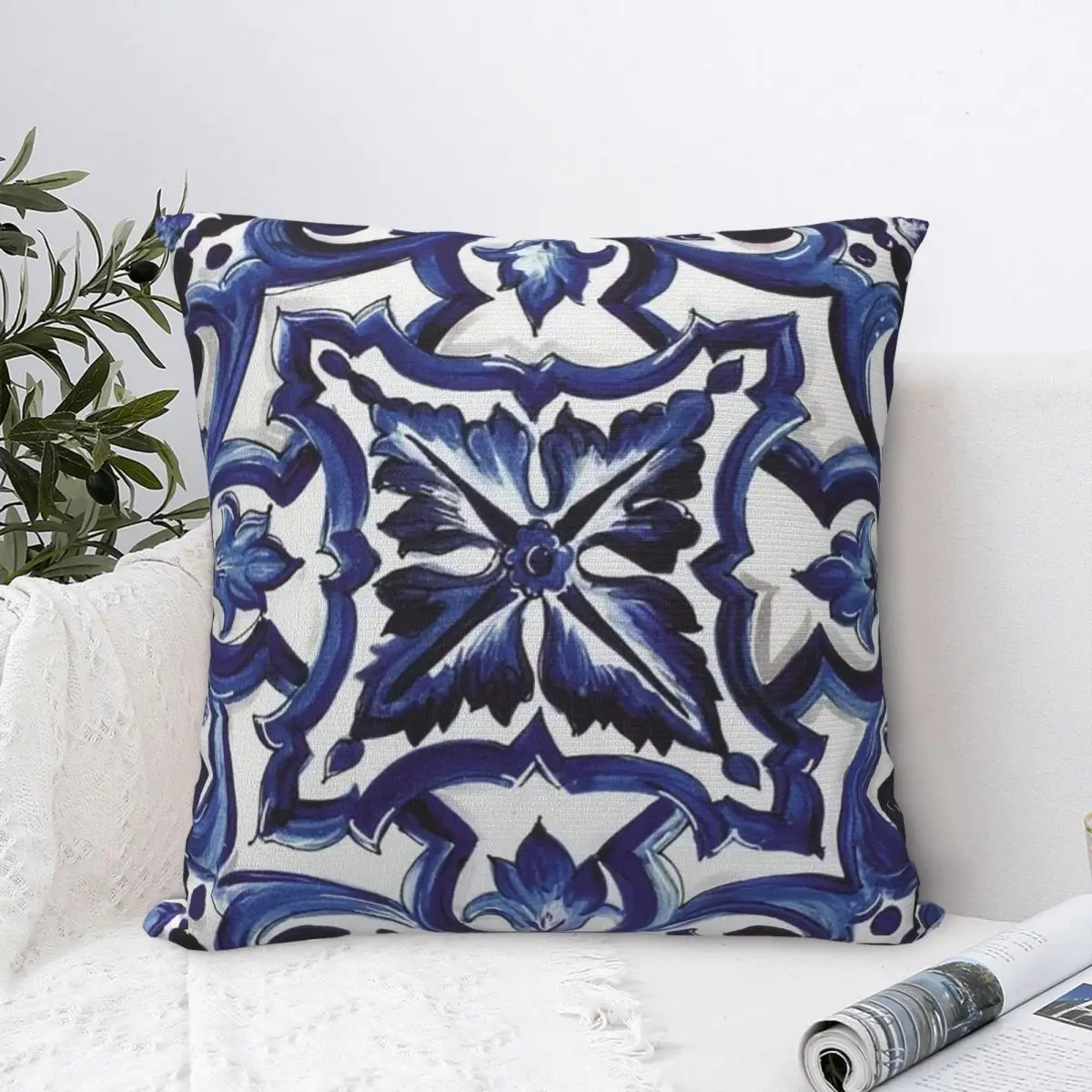 Funda de almohada cuadrada de azulejo Mediterráneo Floral adornado azul, funda de almohada, cojín de tiro cómodo para el hogar y el dormitorio