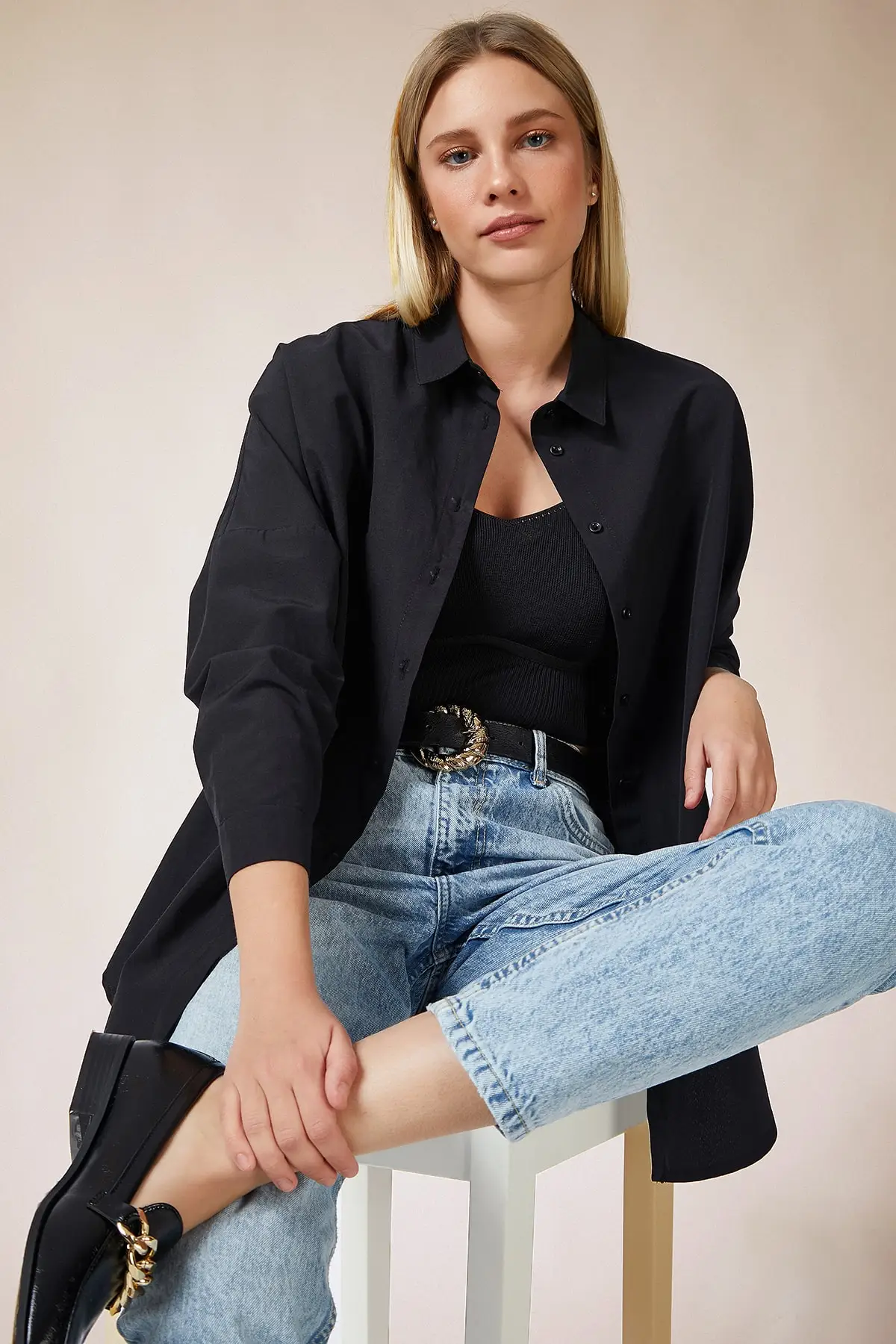 Women Black Oversize Long Basic Shirt