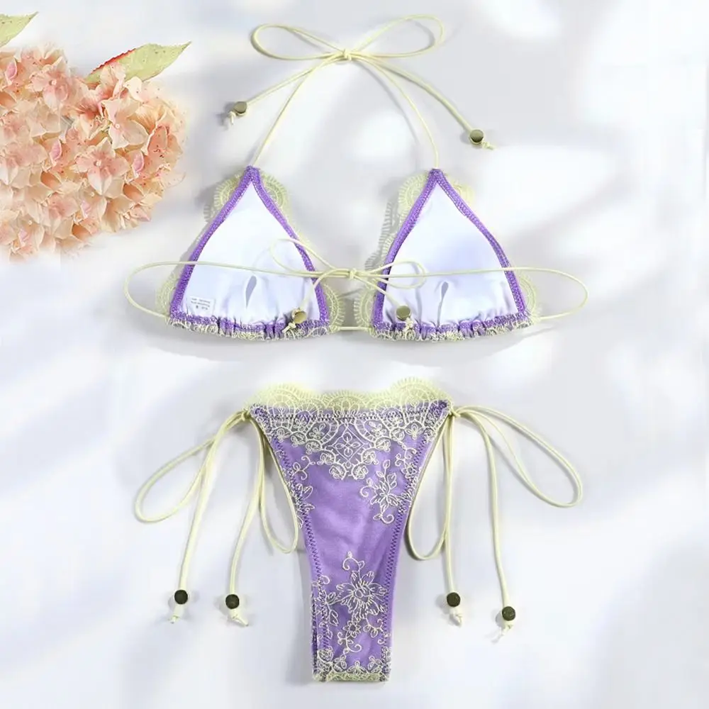 2Pcs/Set Fashion Summer Lace Bikini Set Bandage Patchwork Women Swimsuit Casual Hollow Bathing Suit Beach