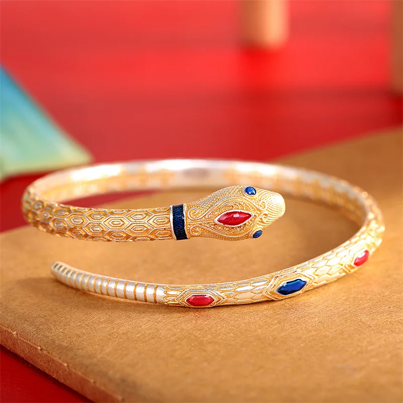 S999 Sterling Silver Charms Bracelets for Women Enamel Retro Spirit Snake Trace Design In Gold Bangle Fashion Jewelry Wholesale