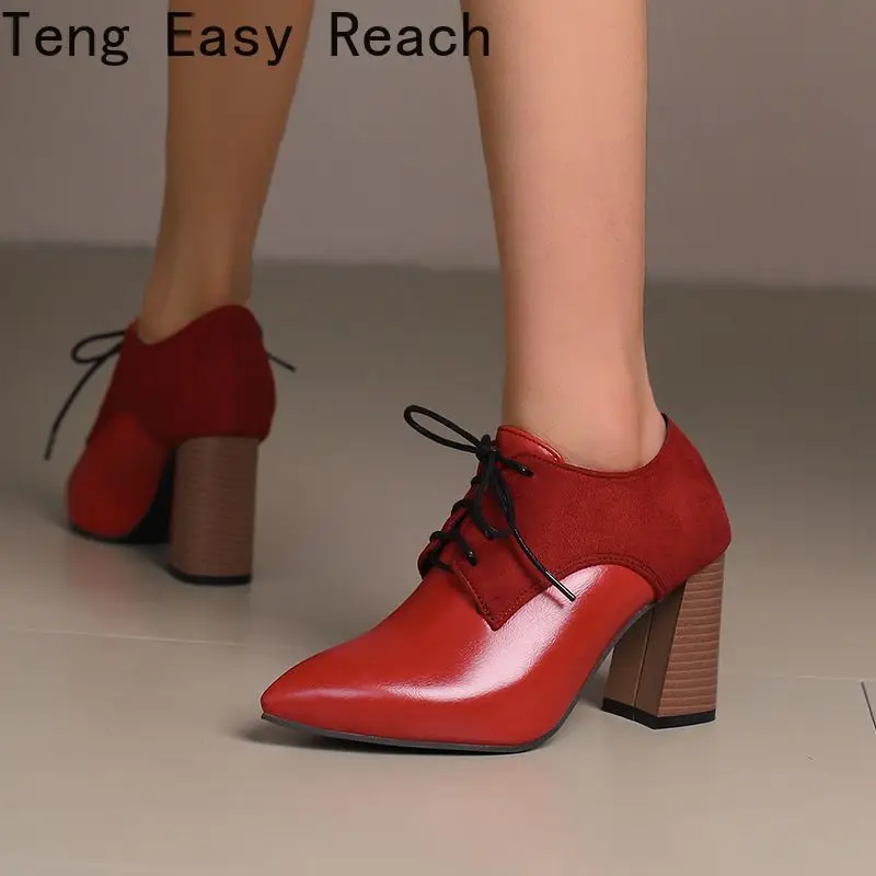 2025 Women Pumps Pointed Toe Chunky High Heels 8cm Lace Up Splice 48 49 50 Mature Daily Office Lady Shoes