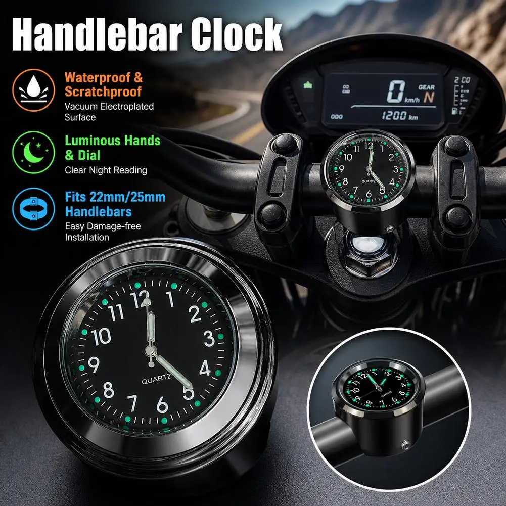

Motorcycle Clock Glow-in-the-dark Handlebar Clock Universal Bicycle Handlebar Mount Clock Time Display Waterproof Motor Access
