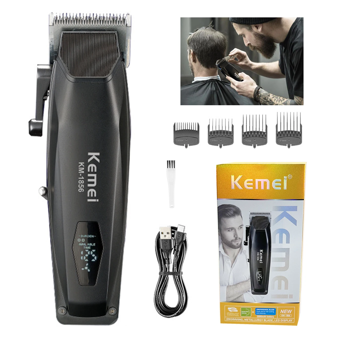 Kemei KM-1856 Hair Clipper Professional Electric Trimmer Rechargeable Barber Type-c Cordless Hair Trimmer Cutting