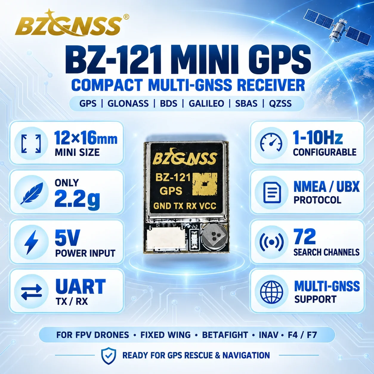 BZGNSS BZ-121 M10 Mini GPS Module for FPV Drone 12x16mm 2.2g 5V UART 115200 Baud NMEA UBLOX Multi-GNSS Betaflight Fixed Wing UAV