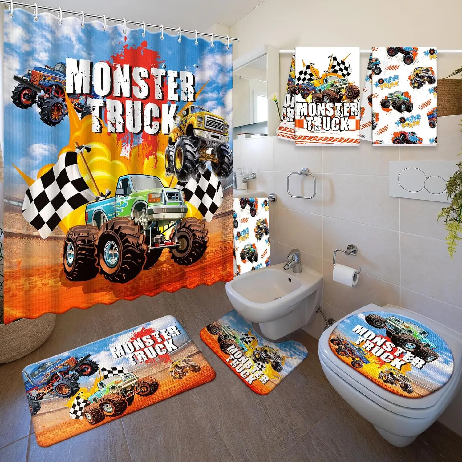 

Набор для ванной комнаты с изображением монстр-трака: занавеска для душа, коврик, полотенца и крючки для декора детской ванной.