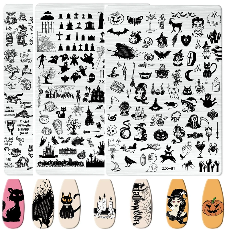 Cartoon Halloween Nail Art Stamping Platten Anime Schädel Geist Kürbis Katze Mond Bild Festival Design DIY Polnische Schablone Vorlagen