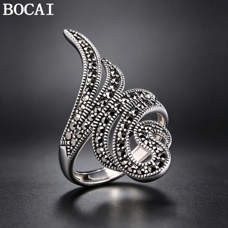 

Ювелирные изделия из стерлингового серебра BOCAI S925, винтажное кольцо с инкрустацией из макаситового камня, обручальное кольцо для женщин, избранный подарок
