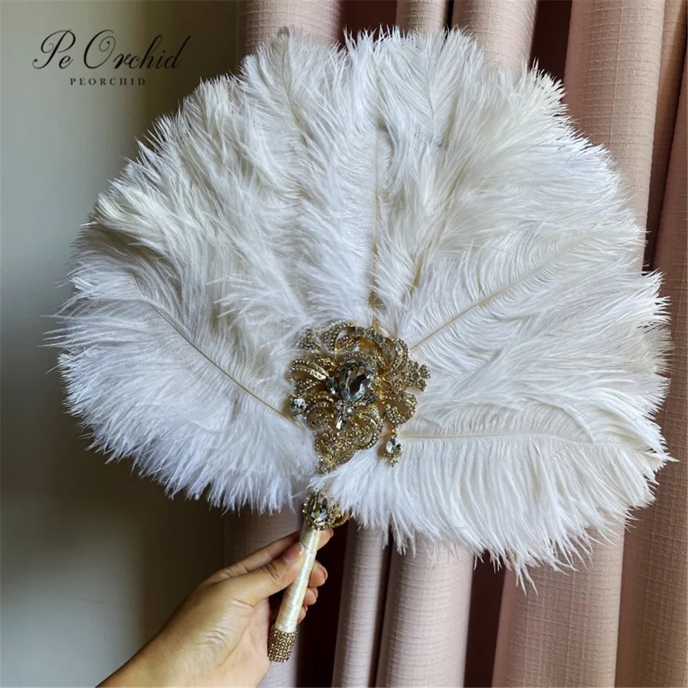 PEORCHID Ostrich Alternative Feather Bridal Hand Fan Vintage 1920s The Great Gatsby Wedding Fan Bridemaids Brooch Bouquet Fan