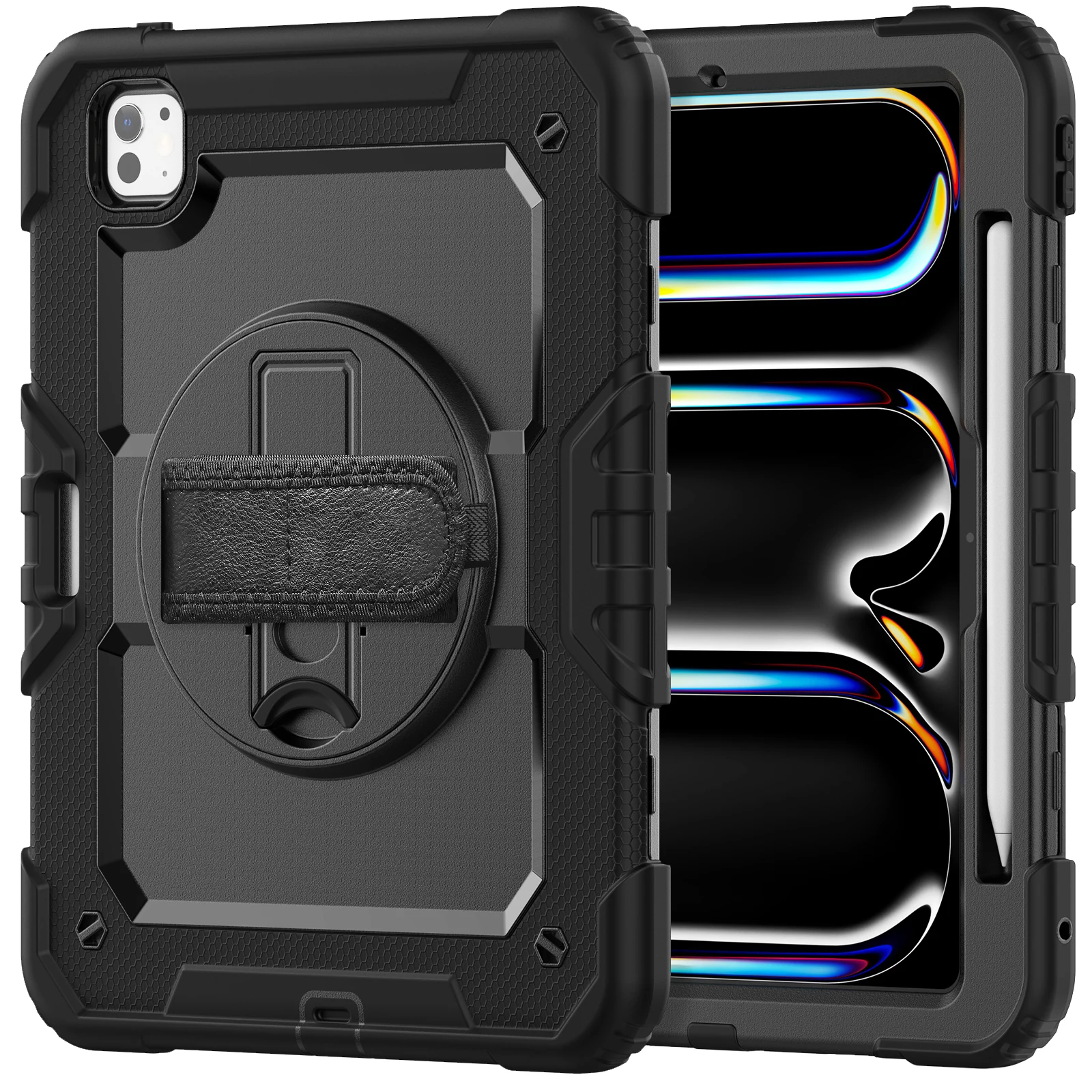 for iPad Pro11 M4 A2836 2024 , Military Grade Shockproof Protector Silicone Cover Pencil Holder+Handle Shoulder Strap
