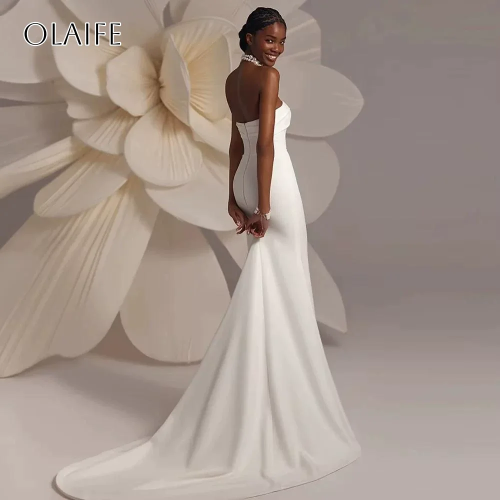 신부를 위한 머메이드 스트랩리스 새틴 웨딩드레스 민소매 플리츠 스윕 트레인 맞춤 제작 웨딩드레스