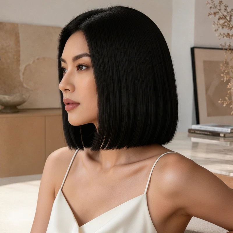 Women's black short bob wig, 12 inches, center parted, no bangs, smooth hair ends, synthetic hair, suitable for everyday wear.