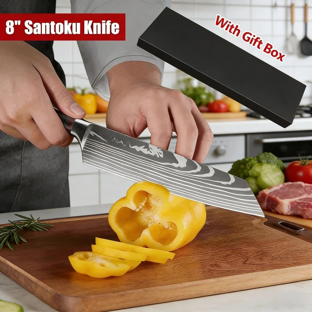 Coltello Santoku DFITO Ultra Affilato da 8 Pollici in Acciaio Inossidabile 7CR17 con Motivo Damascato al Laser e Manico Ergonomico in Legno Pakka