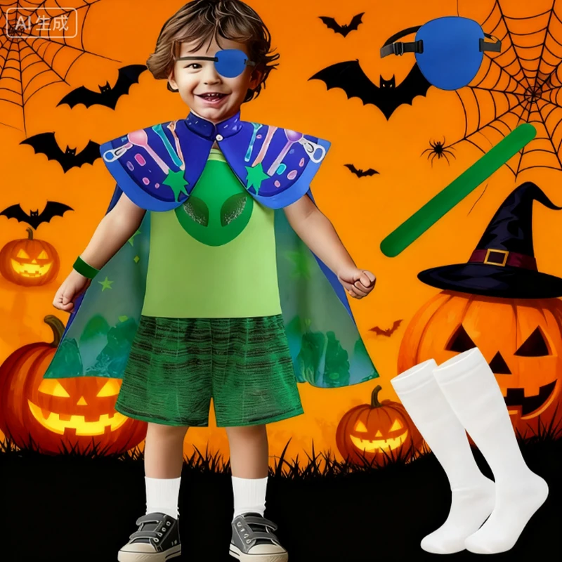 أزياء الهالوين للأطفال إيليو أزياء تنكرية لفيلم جديد زي مفوض الأرض للأولاد قميص أخضر شورت عباءة مجموعات