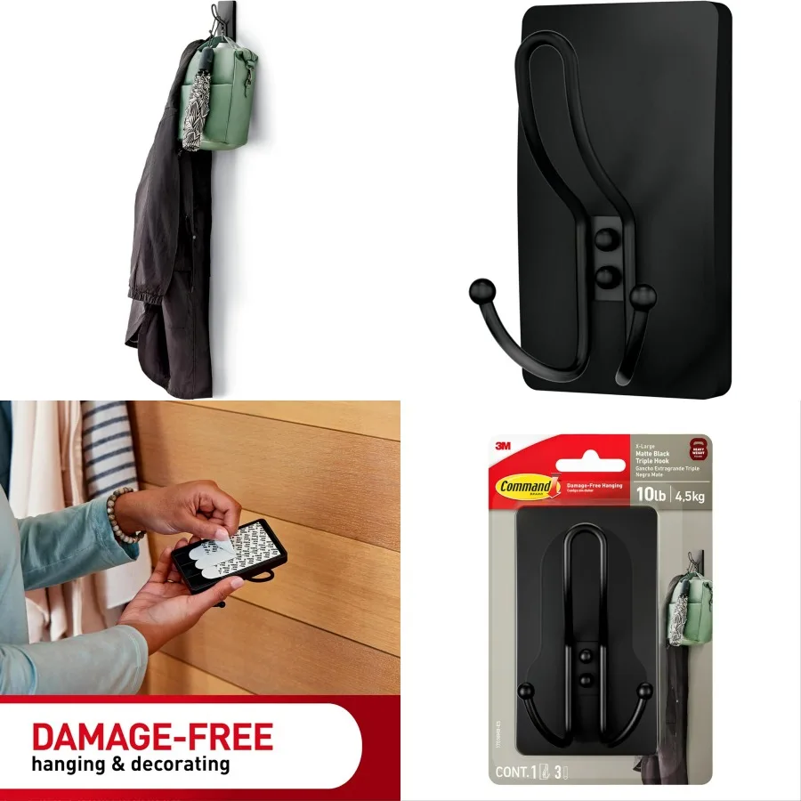 

Матовый черный тройной крючок XLarge с 3 клейкими полосками без повреждений для настенных растворов NoTool идеально подходит для украшений в Liv