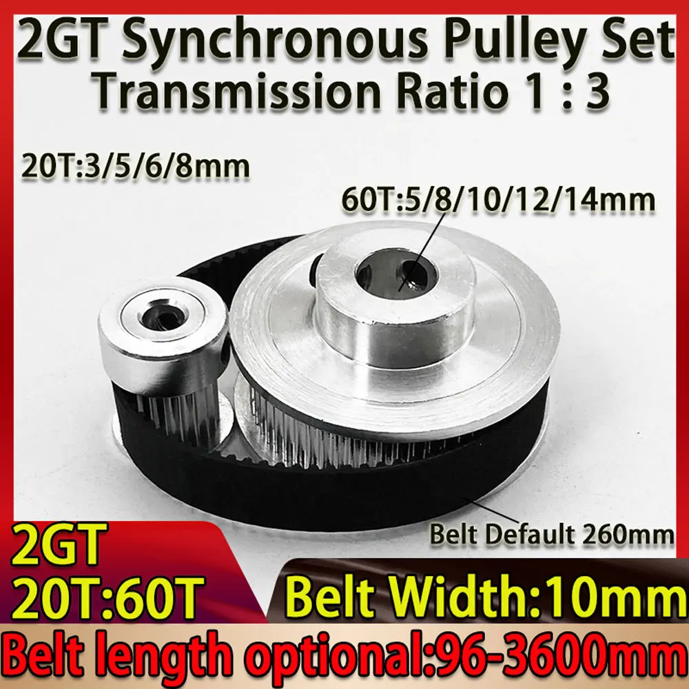 

2GT 3D Printer Parts 1:3Reduction Ratio Timing Belt Pulley Kit 20T:60T GT2 Belt Width 10mm Bore:5-14mm20T+60T+Belt Default 260mm