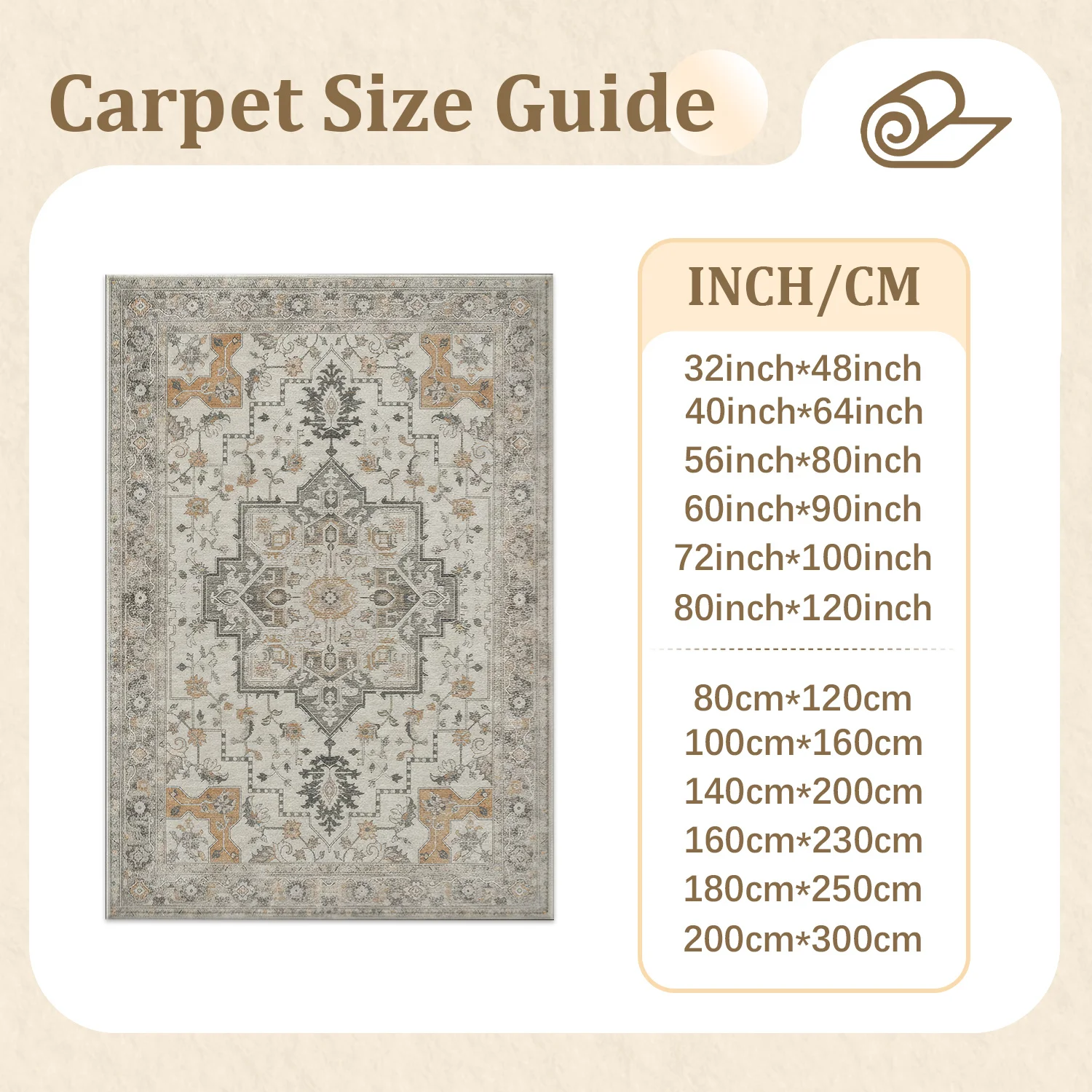 Large Indoor Area Rug, Soft Velvet Low Pile Non-Slip Dotted Backing Machine Washable Vintage Medallion Oriental Floor Rug for Living Room and Bedroom, Neutral Grey Beige Distressed Carpet