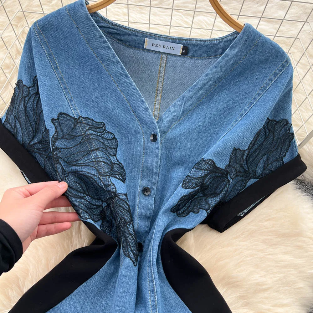 Chic vintage manica corta Bottone ricamato Impiombato Elegante fata moda coreana Boho Vestito estivo abbigliamento donna