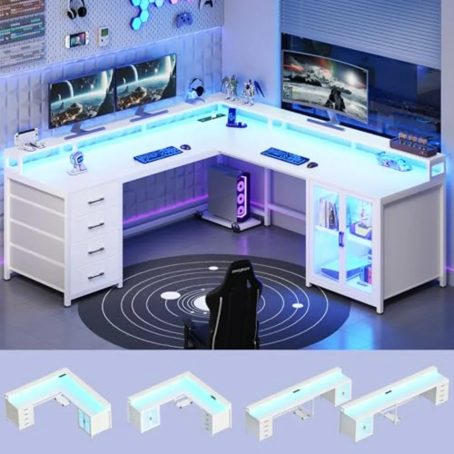L-förmiger Gaming-Schreibtisch mit 4 Schubladen 109 Computer-Schreibtisch mit Vitrine Weiß Home-Office-Schreibtische mit 2 Monitorständern CPU-St
