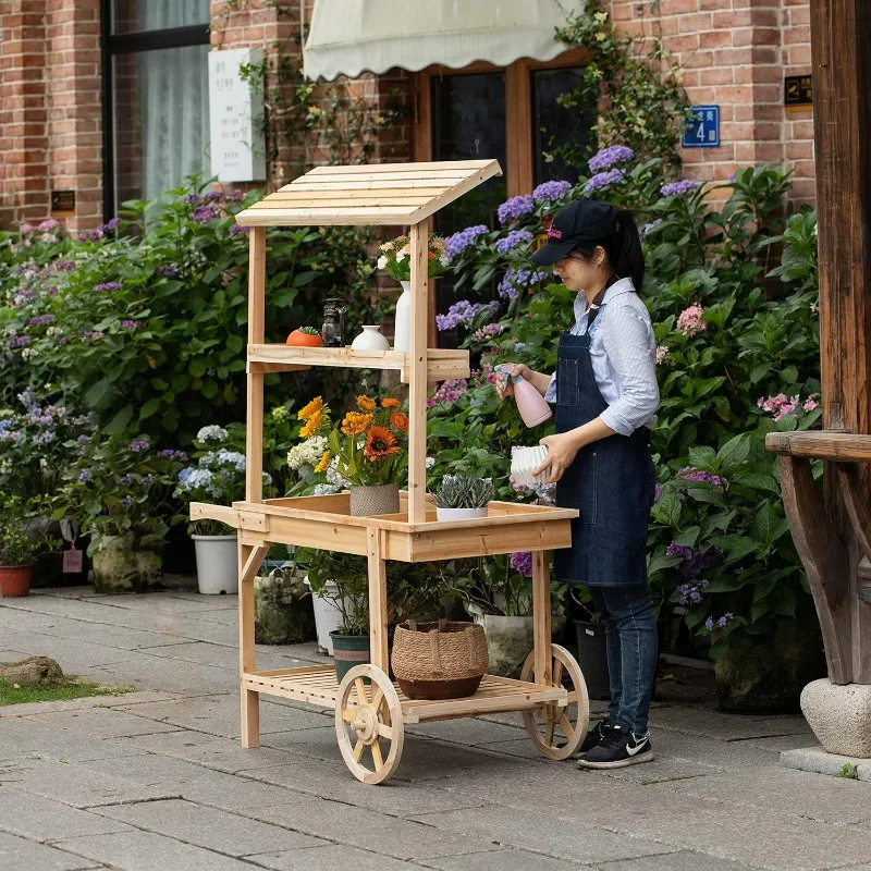 Antique Solid Wood Decorative Display Stand Cart Wooden Plant Stand 2 Wheel Wooden Trolley with Shelves to Hold Plants Etc