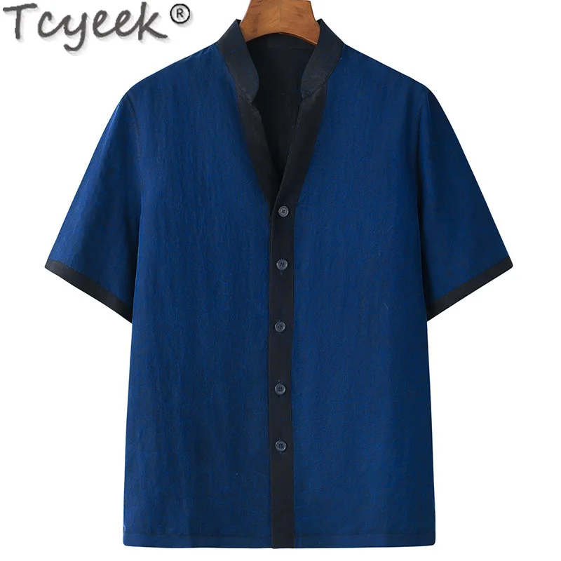 

Tcyeek 100% Real Mulberry Silk Mens Shirts Summer Short Sleeve Top Chinese Style Casual Shirt Men V-Neck 2024 Camisa Masculina