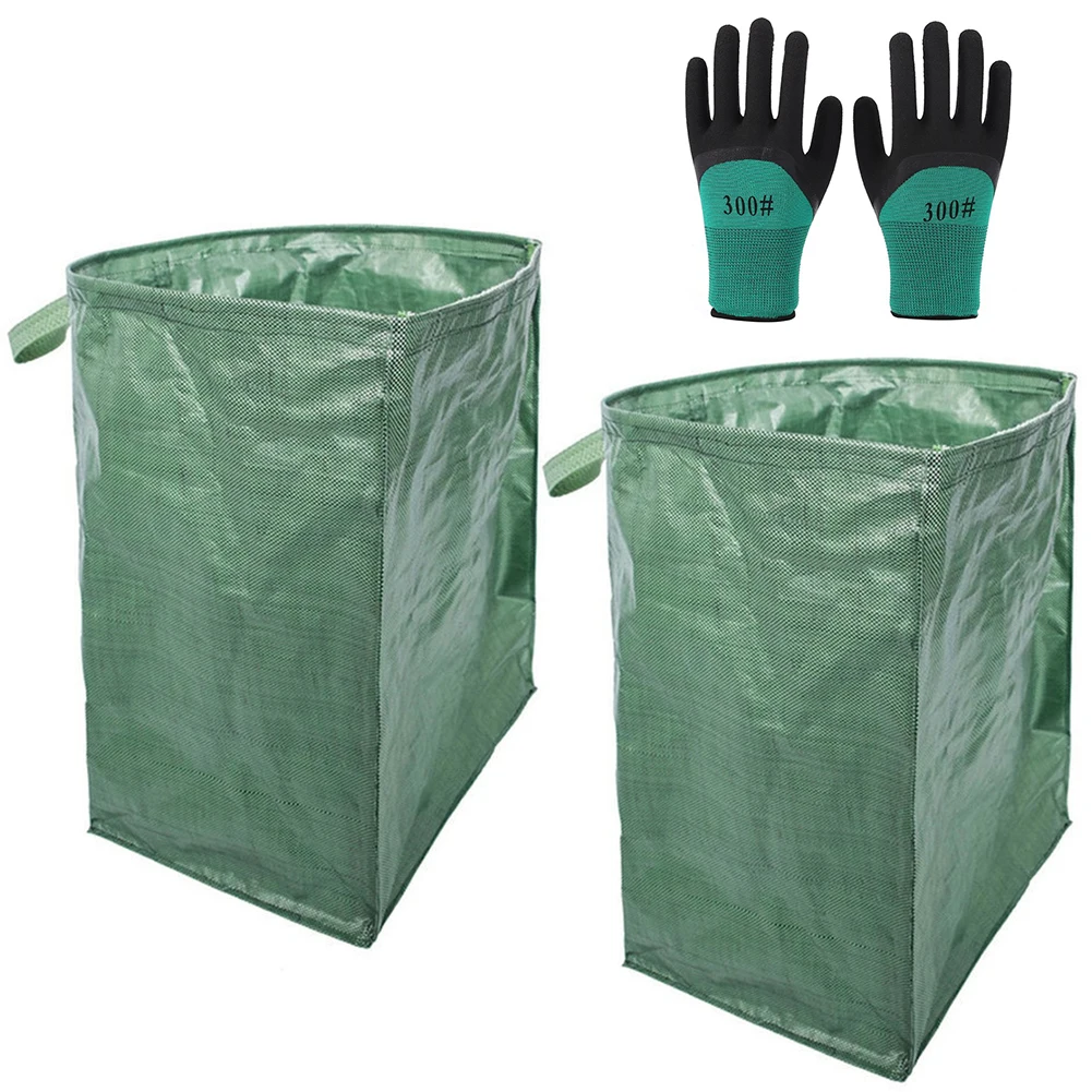 2 Pcs 53L Gardening Lawn Leaf Bag Waterproof with Handle & Gloves Leaf Collector Bags Foldable Garden Waste Bins for Garden Yard