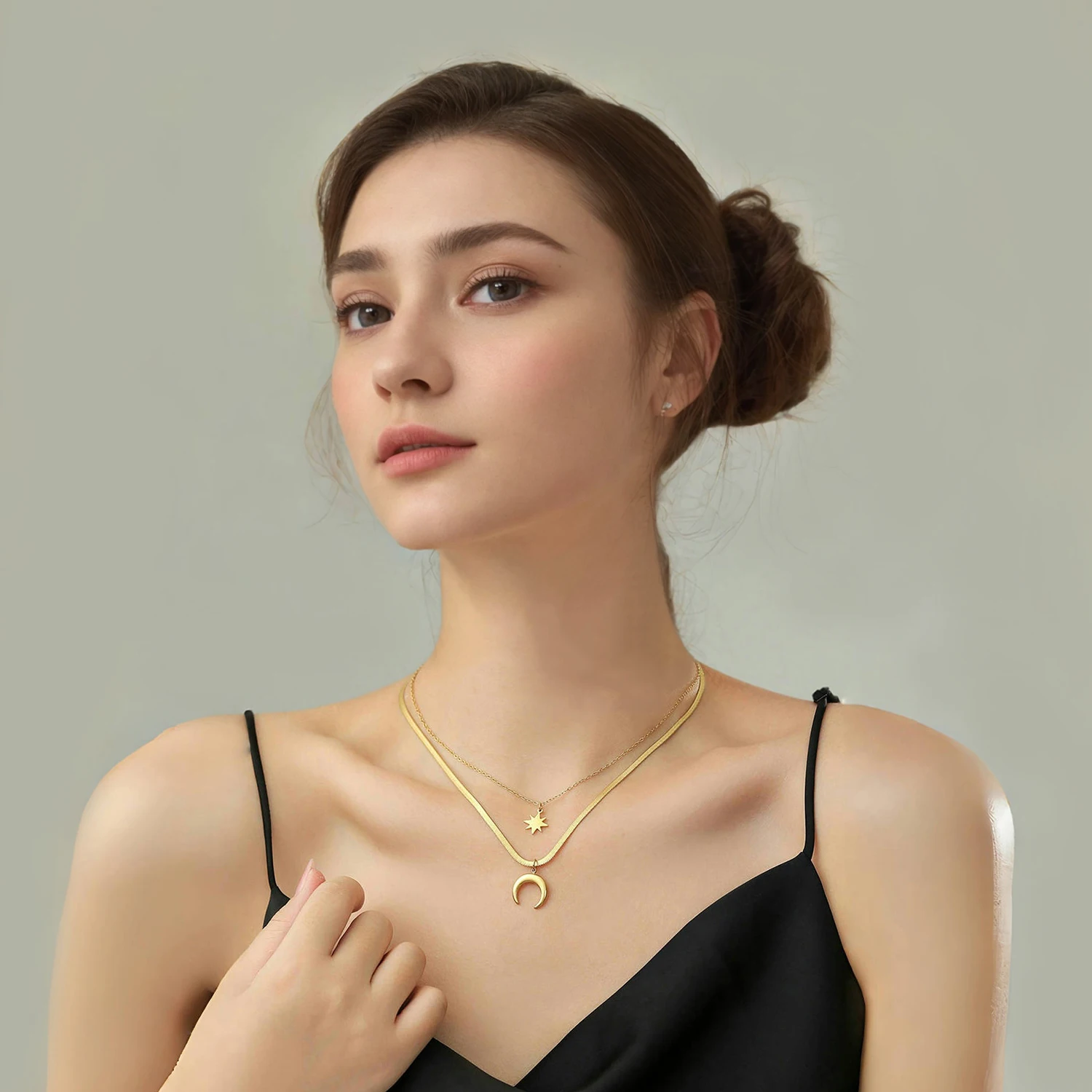 Star and Moon Double Layered Pendant Stainless Steel Necklace Plated with 18K Gold