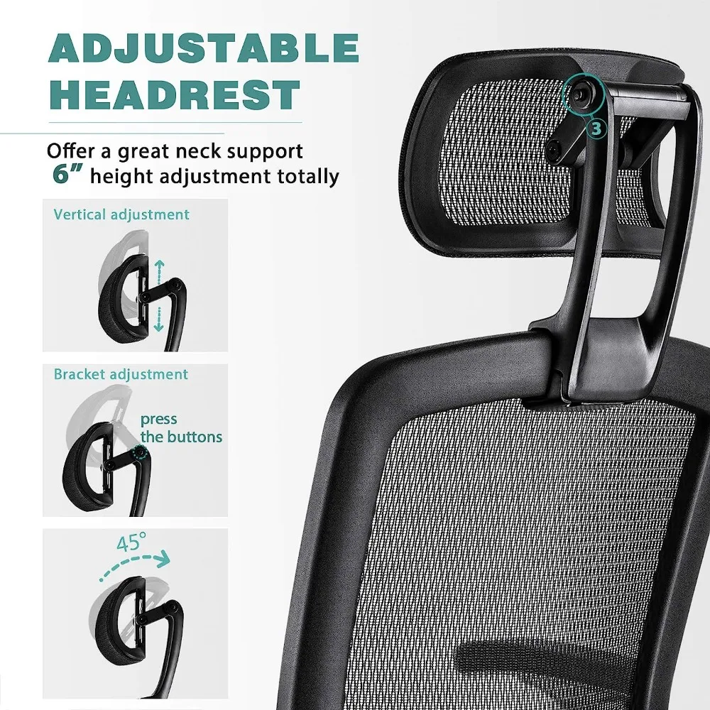 Silla ergonómica de oficina de malla con respaldo alto, reposacabezas ajustable con brazos abatibles, soporte Lumbar y ruedas de PU