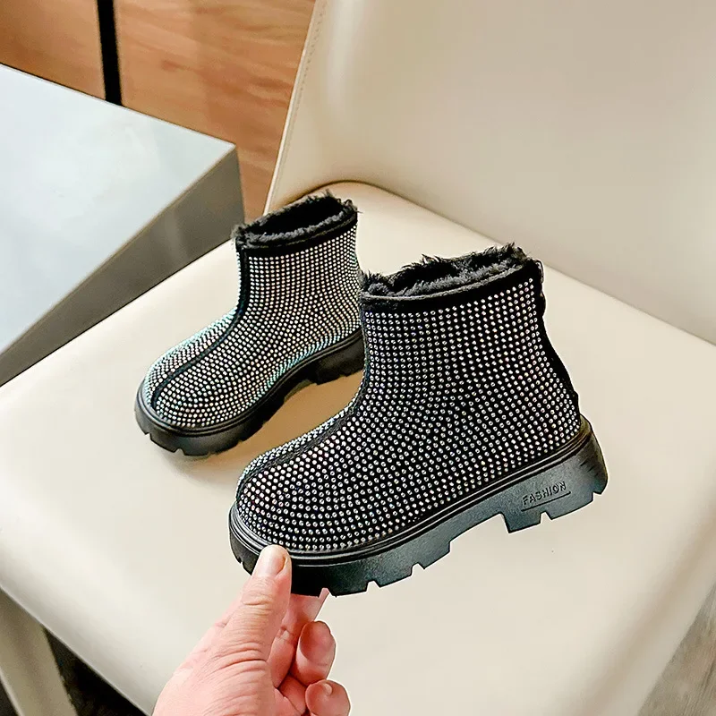 Fashion Girl Shoes New Versatile Comfort Ankle Boots Soft Sole Anti Slip Casual Rhinestone Winter Boot Warm Princess Kids Shoes - Image 2