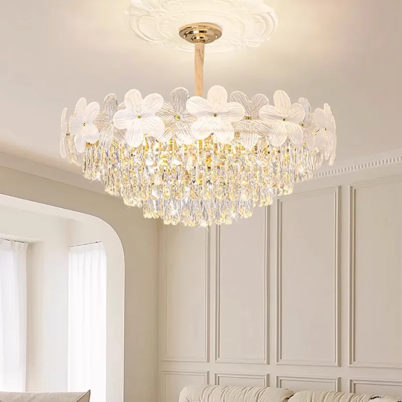 French cream style living room main lamp light luxury round bedroom dining room lamp petal crystal chandelier