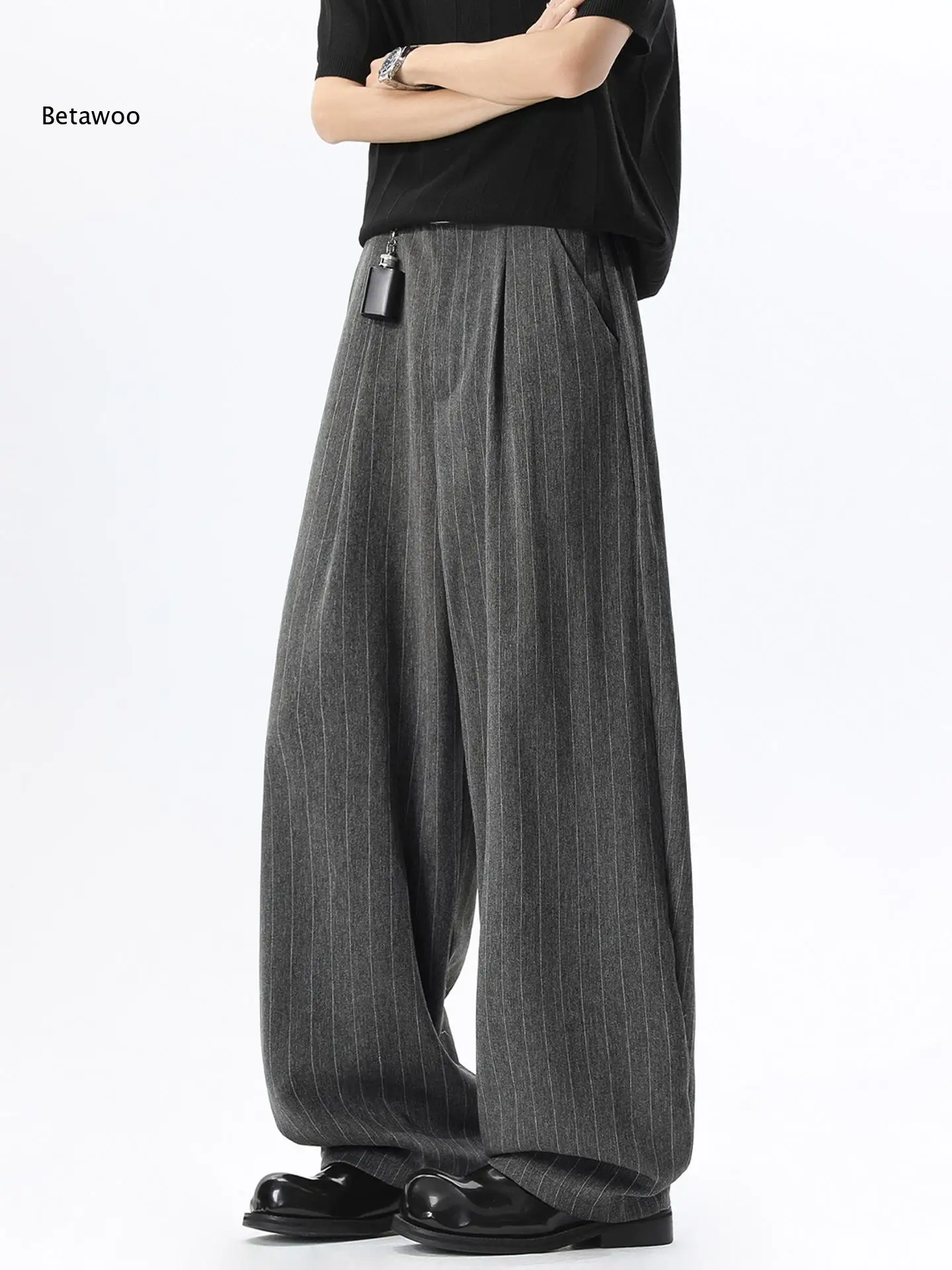 Men Urban Business Style Striped Wide Leg Trousers Black Color Thin White Vertical Stripe Pleated Front Oversized Full Length