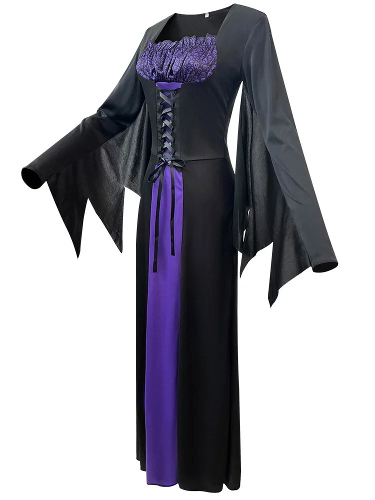 مثير الساحرة القوطية تأثيري ازياء الكبار دور اللعب الأرجواني هالوين كرنفال حفلة أداء الملابس فستان مع قبعة