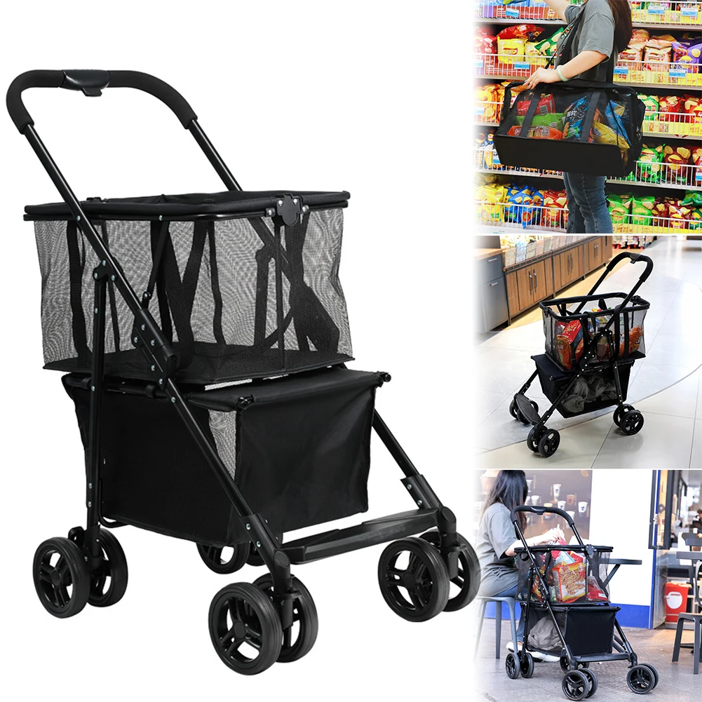 

Foldable Stroller Shopping Cart with Wheels Multifunctional Portable Grocery Cart with Removable Baske for Outdoor Camping