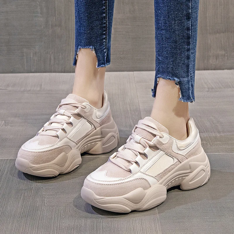 WOIZGIC Women's Female Ladies Genuine Leather Shoes Platform Lace Up Korean Sports Spring Autumn Breathable Vulcanized Shoes