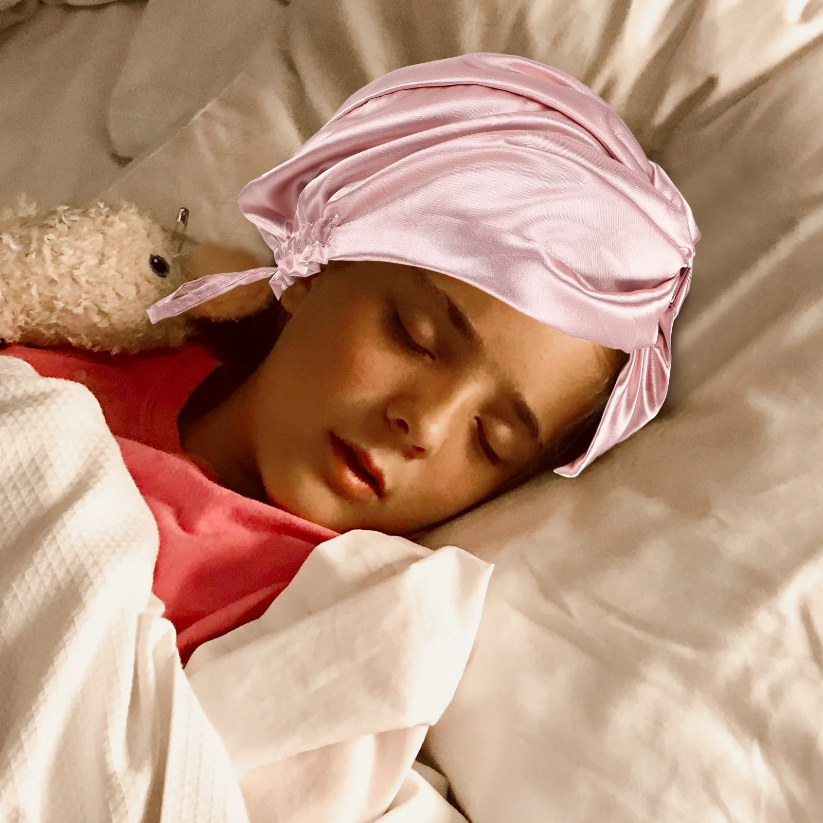 

Satin Sleep Bonnet Hair Cap Decorative Hat for Curly Women Pink Adjustable Twisted Design Lightweight Breathable Protect Hair