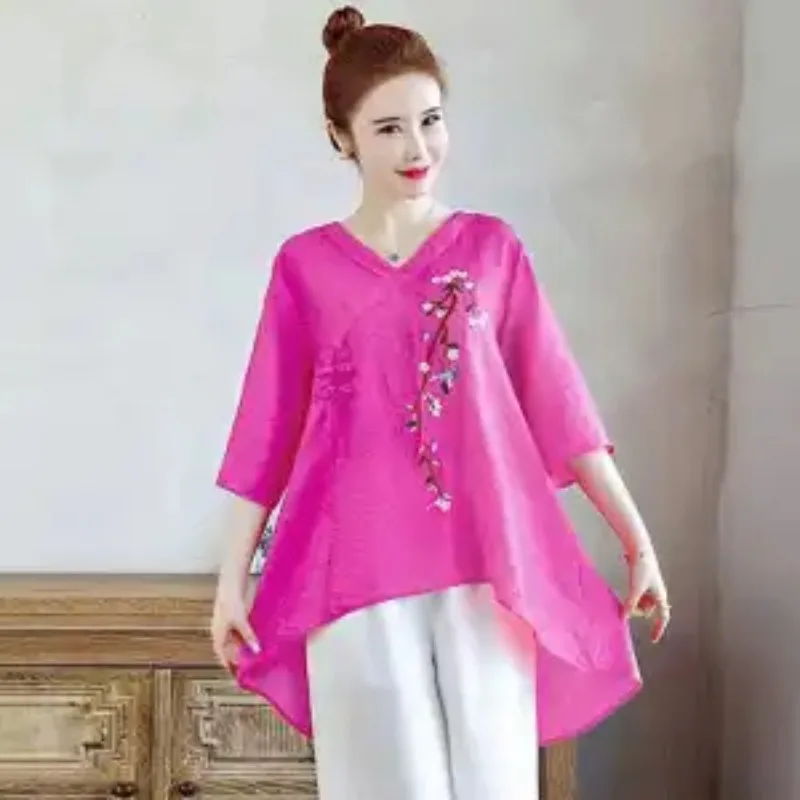 

Chinese Style Floral Embroidery Blouse Women V Neck Irregular Hem Half Sleeve Shirt