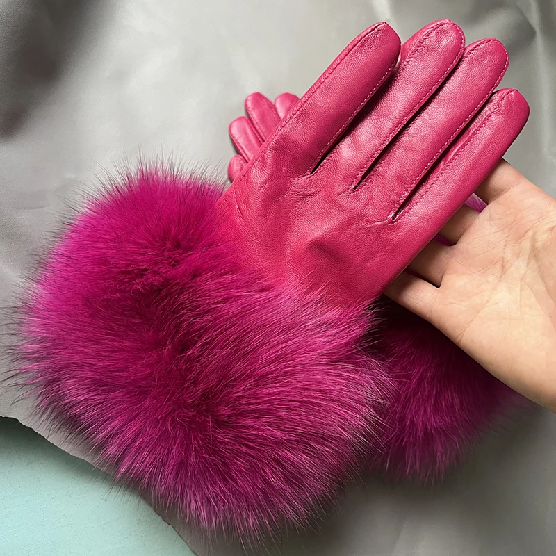 Women's sheepskin fox fur gloves Autumn and winter plus velvet to keep warm velvet lining oversized fur XS S M-L XL XXL