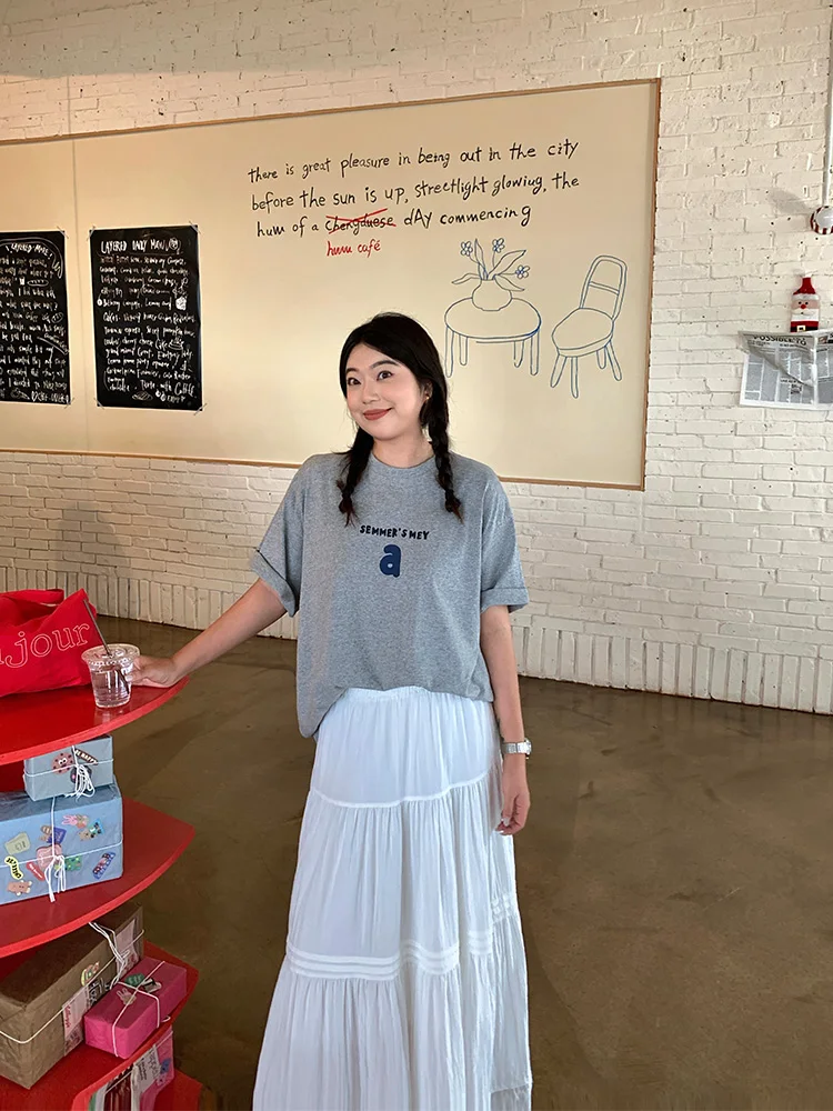 

Lin Da Hui Women's ey round Ne ort Sve T-irt Summer Thin Large Size Loose Top Korean Sle Letter Print Cotton