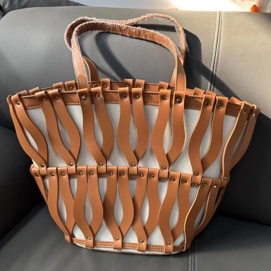 

Women PU leather Woven hand bag summer design hollow-out tote bucket shoulder bag female Reticulate netted canvas beach handbags