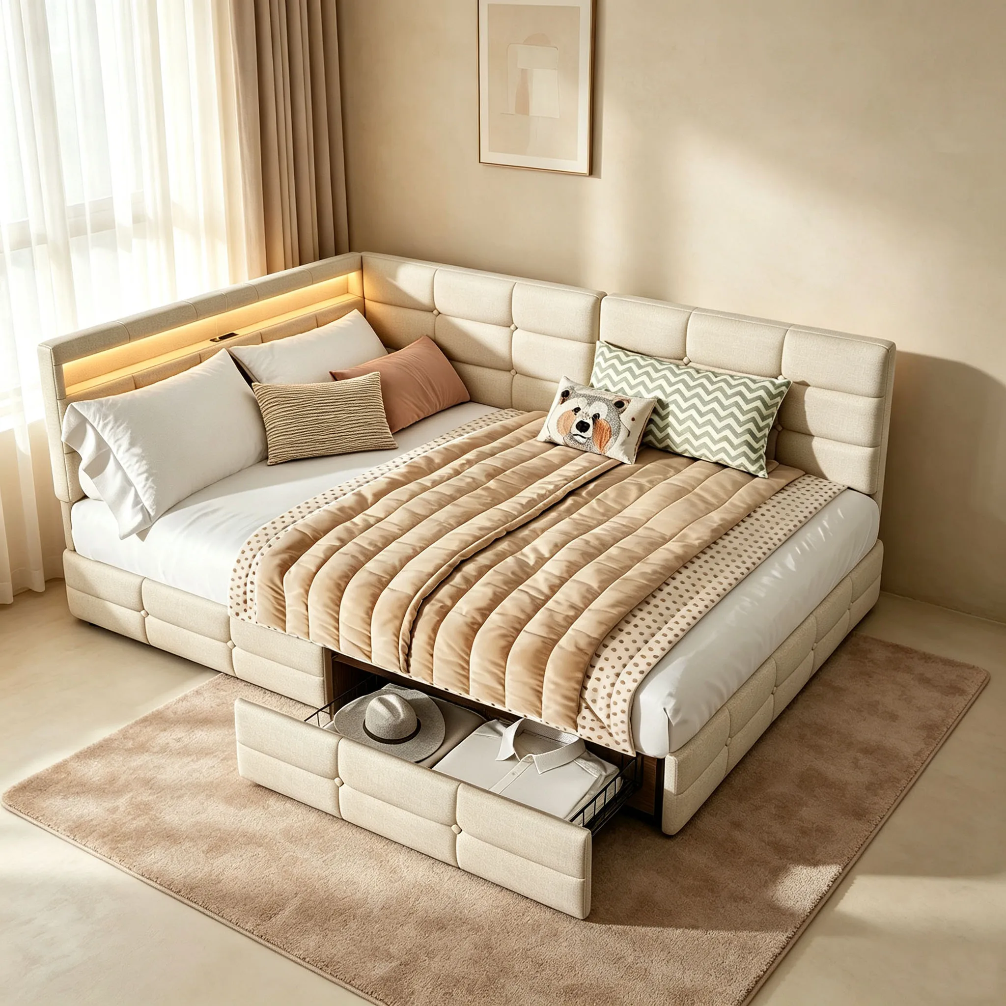 Comanlai, letto matrimoniale imbottito 140x190 cm, rivestito in tessuto di lino color beige, con struttura a forma di L e testiera imbottita, e cassetti contenitori sotto il letto, base a doghe,