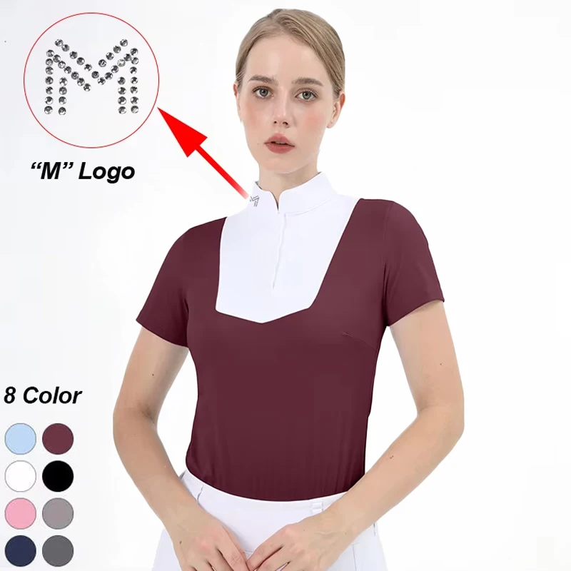 mロゴ乗馬tシャツ半袖トップス乗馬服女性用ボタン付きトレーニングライダーブラウス競技会ショートップ