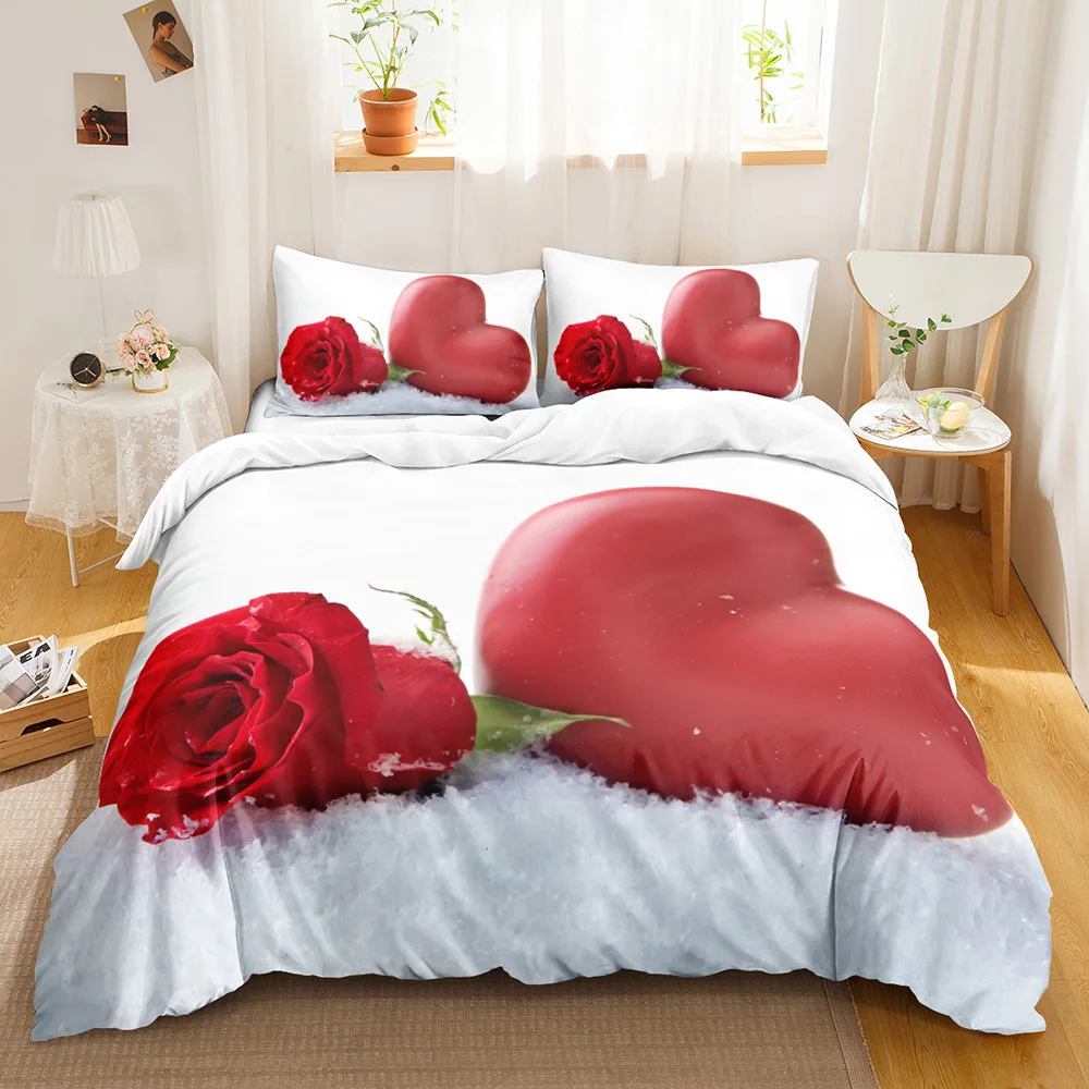 Red Rose Duvet Cover Set King/Queen Size Soft Luxury Abstract Floral Modern Bright Red Romantic 2/3pcs Polyester Comforter Cover