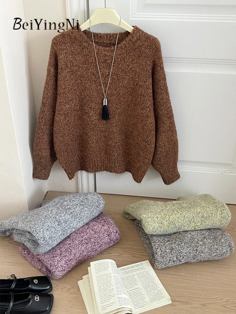 Beiyingni Vintage Casual Sweaters for Women Kpop Style Lazy Loose Knitted Tops Fall Winter Thick Pullover Woman's O-neck Jumper