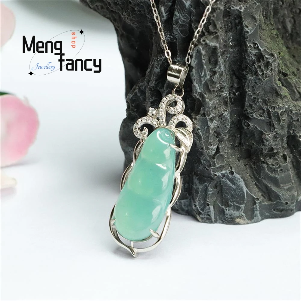 S925 Silver Inlaid Natural Jadeite Ice Blue Water Four Season Bean Pendant Exquisite Elegant High-grade Luxury Fashion Jewelry
