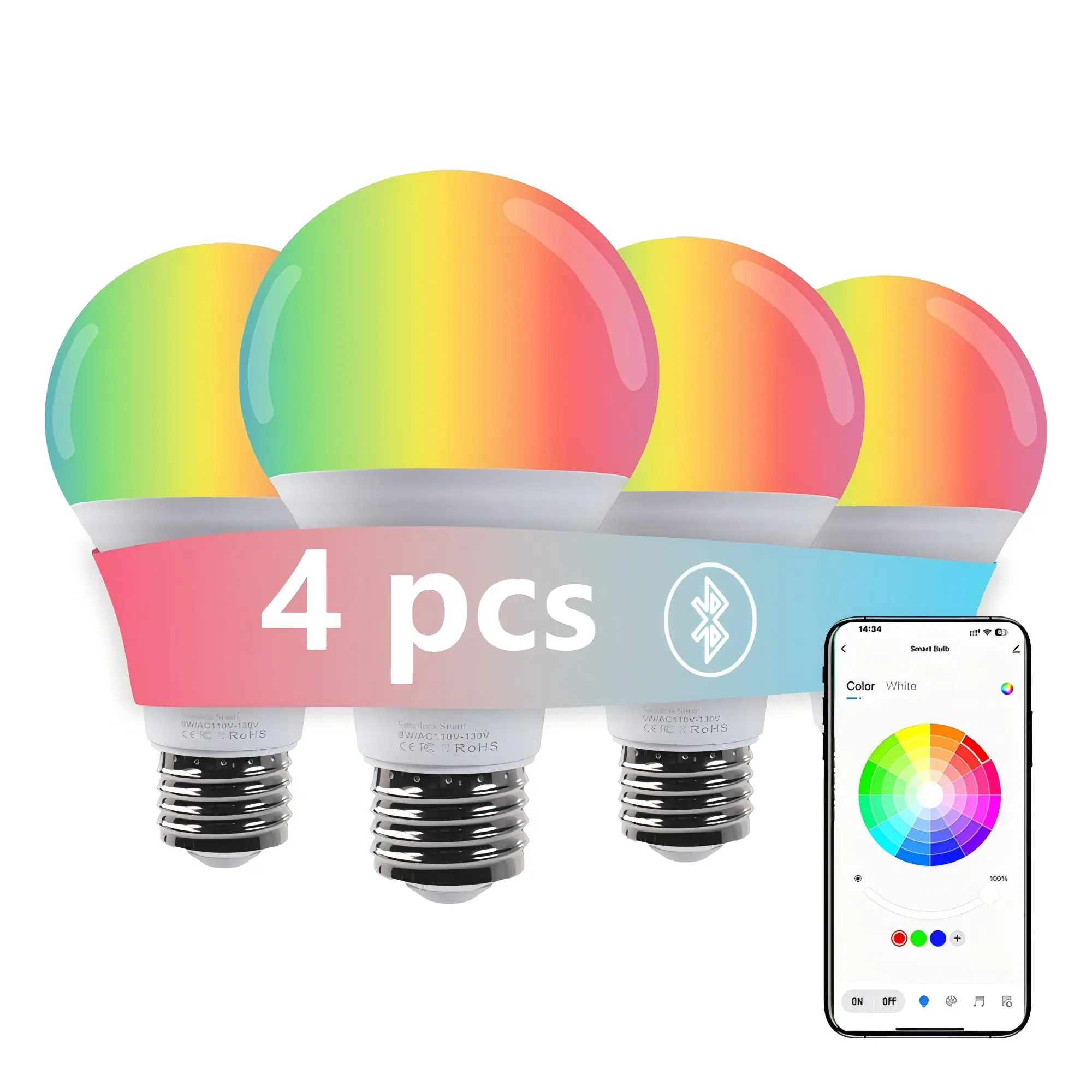 4pcs RGB Multi-Color LED Smart Bulbs, Music Rhythm Sensitive Lights, Low Blue Light Flicker-Free Lamps for Living Room Bedroom