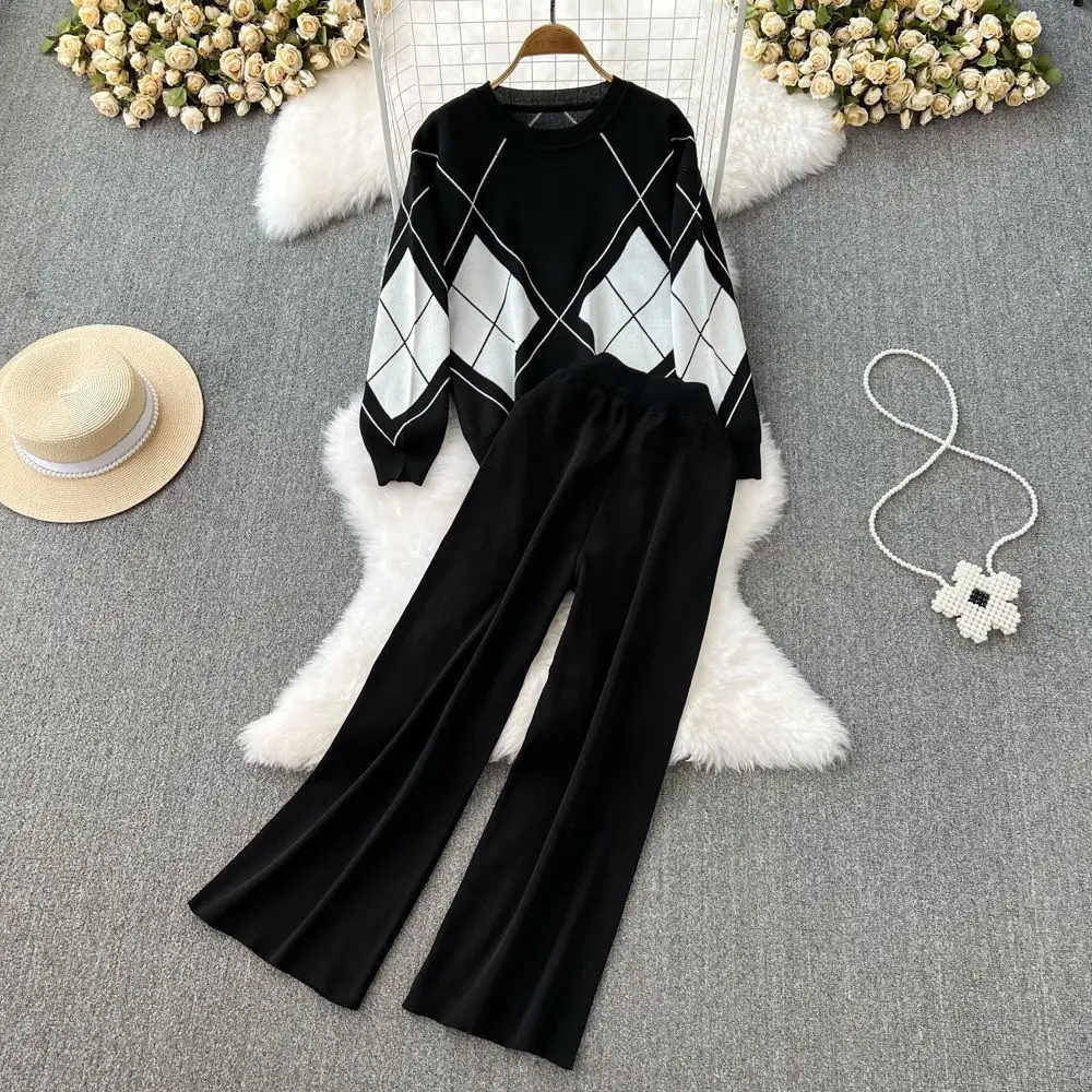 New autumn and winter set of round neck loose plaid sweater+high waisted knitted straight leg wide leg pants two-piece set