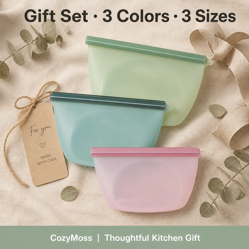 Silicone Food Storage Bag Gift Set 3-Color Variety Pack Sage Green Mint Teal Dusty Rose Leakproof Microwave Freezer Safe BPA Fre
