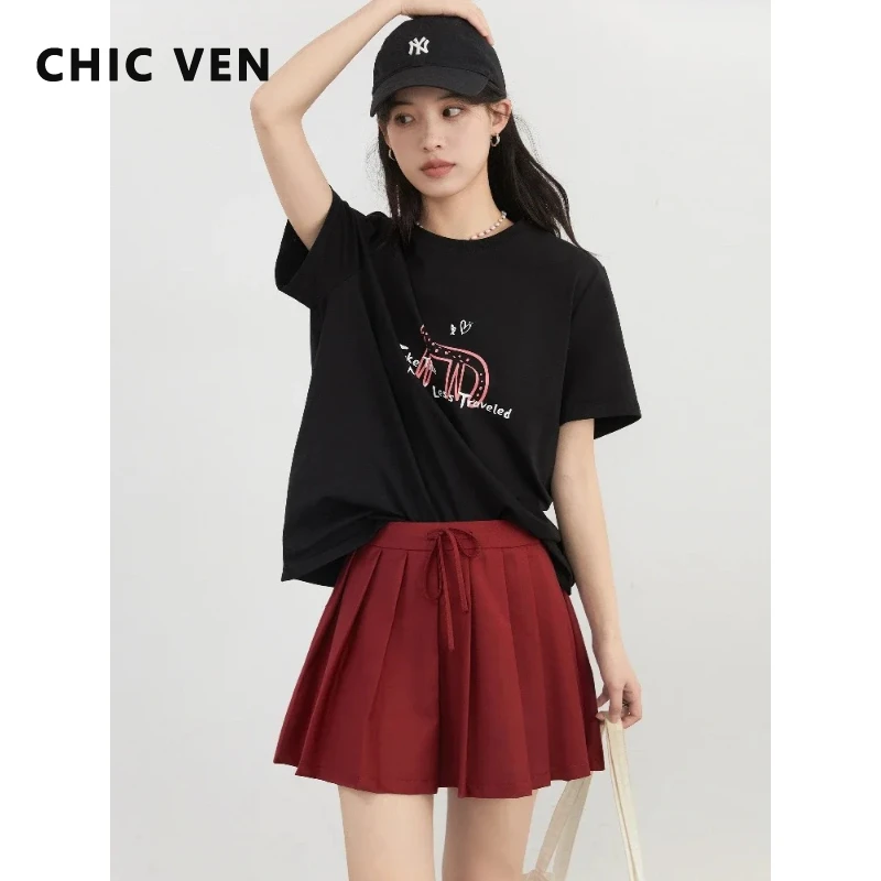 

Модные корейские женские футболки CHIC VEN: свободные повседневные топы с круглым вырезом, новинка с анималистичным принтом, пуловеры с коротким рукавом, женская летняя одежда 2026